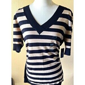 Metaphor Striped Knit Top Women's L Black Beige V-Neck Short Sleeve Pullover